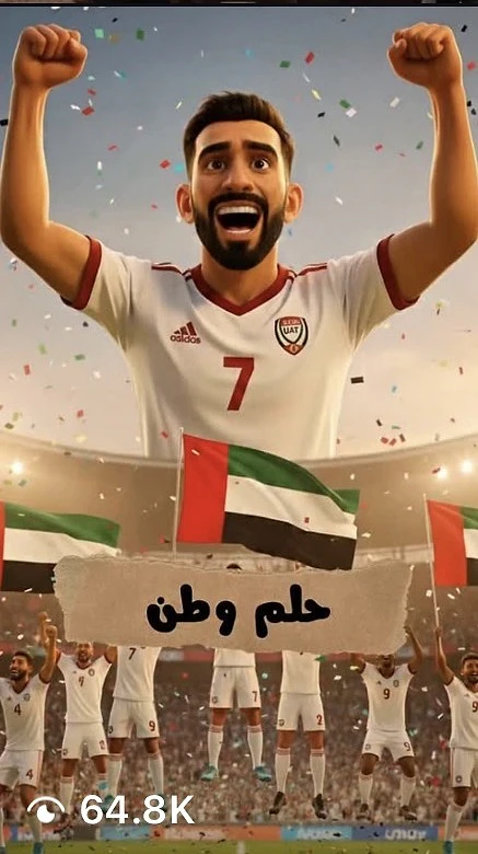 ملصق «حلم وطن»: لاعب منتخب الإمارات يحتفل رافعاً ذراعيه في الملعب